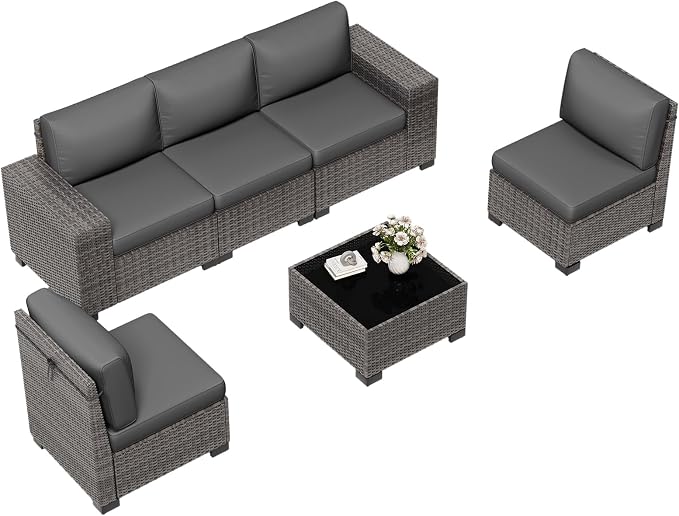 6 Pieces Patio Furniture Set with Table Gray Rattan Outdoor Sectional Sofa Conversation Sets for Balcony Lawn and Garden (Gray, 6 pcs w/Table)