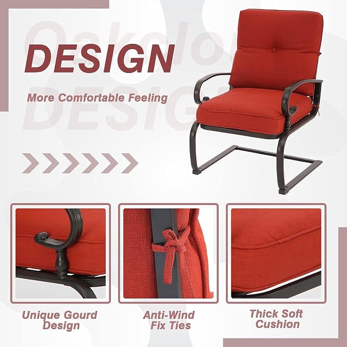 4 Pieces Metal Outdoor Furniture Patio Conversation Set, Glider Chairs Set with Round Side Table, Spring Lounge Chair Sets Metal Frame Wrought Iron Look (Red)