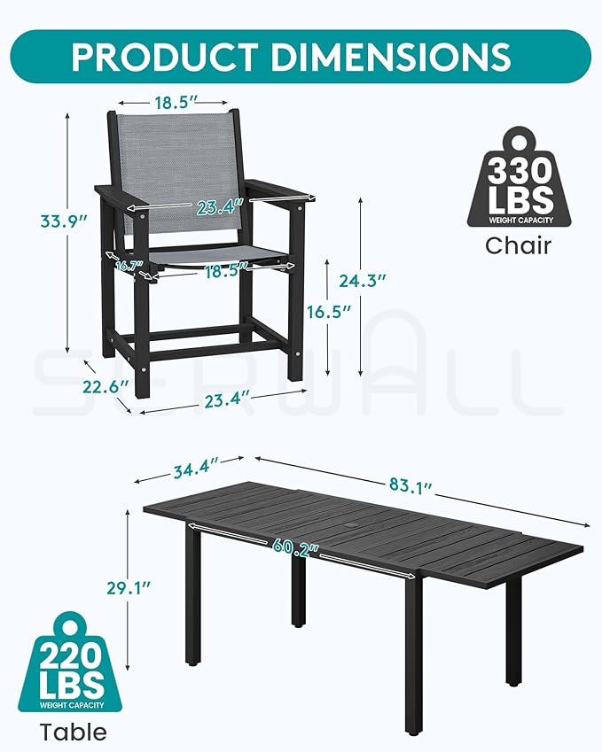 SERWALL 9-Piece Outdoor Dining Set, 60" - 83" Expandable Patio Dining Table with 8 Breathable Textilene Chairs, All Weather HDPE Patio Furniture Set, Black