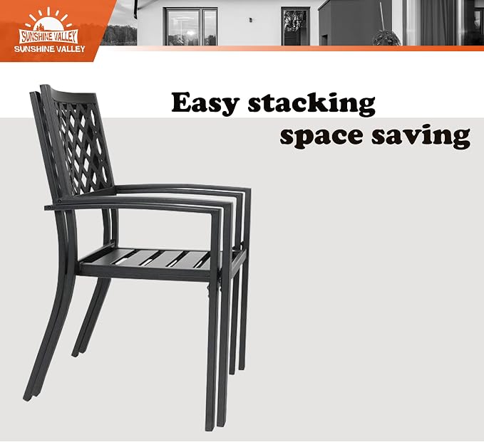 SUNSHINE VALLEY 7 Piece Patio Dining Set for 6, 67x38 Wood-Like Metal Table with Umbrella Hole and 6 Pcs Rust-Proof Stackable Chairs, Outdoor Table and Chairs Set for Backyard Garden Deck (Style 4)