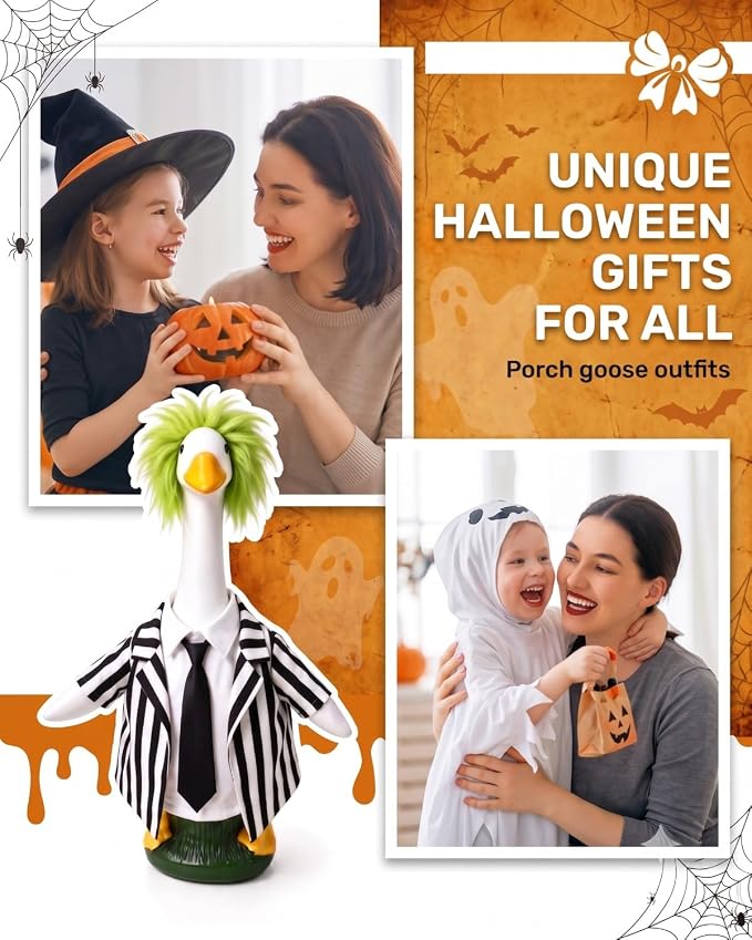 Halloween Porch Goose Outfits, Spooky Striped Suit Fits 23" Lawn Statue | Funny goose clothes costume with green wig. Spooky fall yard decor accessories, thoughtful gift for mom & grandma.
