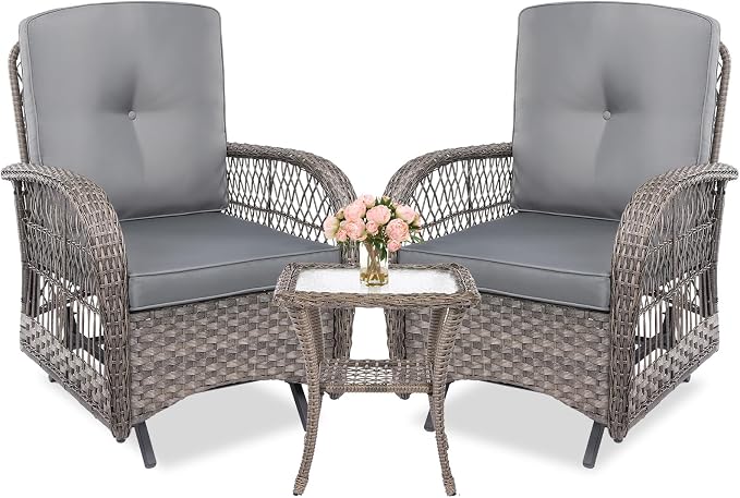 MEETWARM 3 Pieces Outdoor Patio Wicker Rocking Glider Set, Rocking Chairs Rattan Patio Furniture Sets with Glass-Top Coffee Table and Thickened Cushion, Conversation Bistro Set, Gray