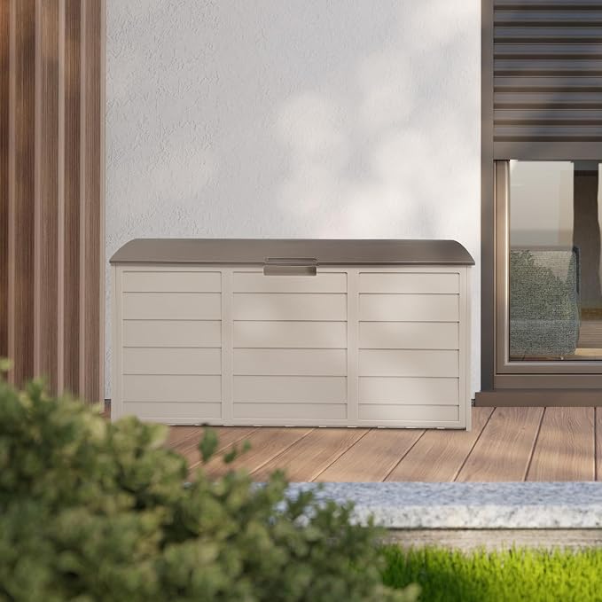 75 Gallon Resin Deck Box,Outdoor Large Resin Deck Box,Lockable Container for Patio Furniture Cushions Garden Tools (Brown)