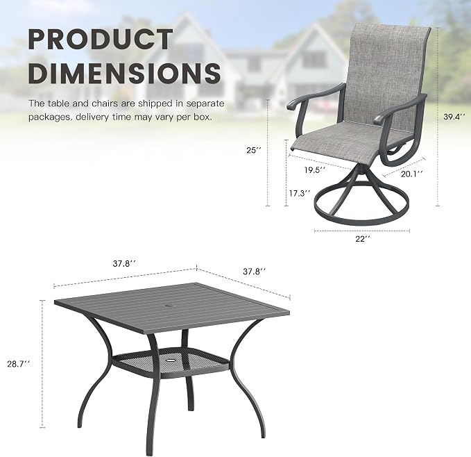 Outdoor Dining Set for 4, 37.8" Metal Outdoor Dining Table with Umbrella Hole and Sling Patio Swivel Chairs, 5 Pieces Patio Table and Chairs Set for Garden Backyard, Grey and Dark Grey