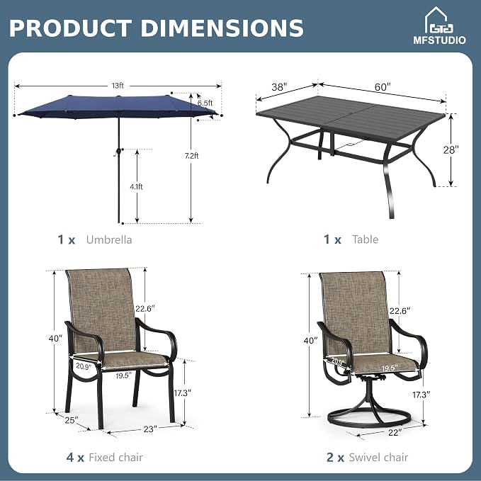 MFSTUDIO Patio Dining Set for 6, Outdoor Dining Set with Umbrella, Patio Furniture Set with 1 Rectangular Table Fixed Chairs 2 Swivel Chairs & Navy Blue Umbrella (Base not Included)