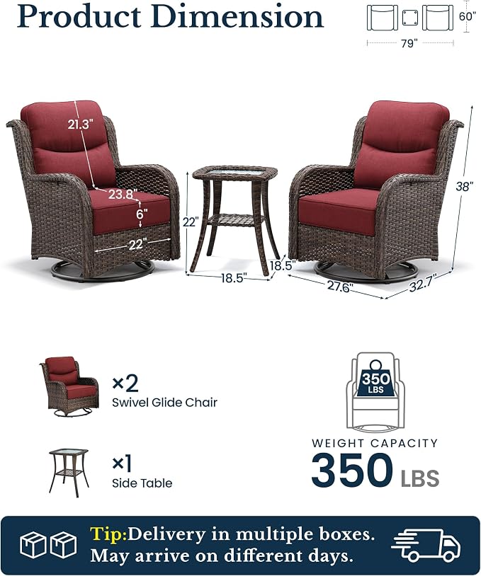 HILLGA Luxury Outdoor Patio Furniture Set with 6-Inch Thick Cushions,High Back Wicker Swivel Rocker Chairs, 3 Pcs All Weather Chairs Set for Small Porch, Deck and Sunroom, Burgundy (V3)