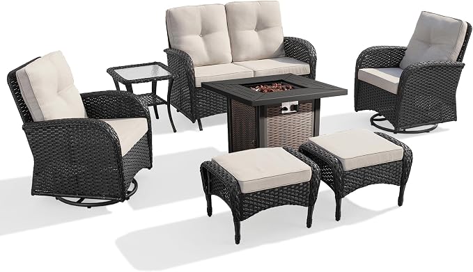 7 Piece Patio Furniture Set with Fire Pit Table - Wicker Patio Conversation Set with Swivel Glider, Glider Loveseat, Side Table and 2 Ottomans for Deck Backyard - Black Wicker Beige Cushion