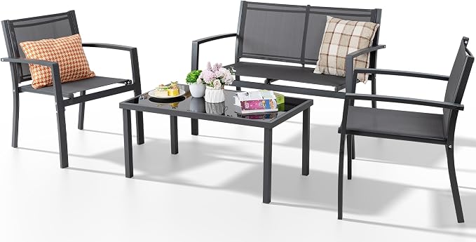 Shintenchi 4 Pieces Patio Furniture Set All Weather Textile Fabric Outdoor Conversation Set, with Glass Coffee Table, Loveseat, 2 Single Chairs for Home, Garden, Lawn, Porch(Gray)
