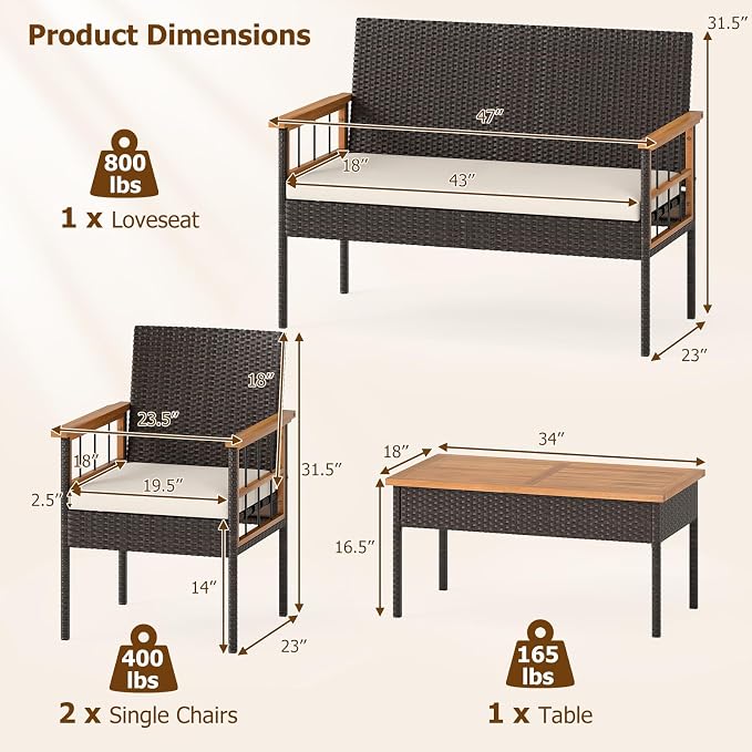 HAPPYGRILL Patio Furniture Set Outdoor Rattan Wicker Conversation Set with Acacia Wood Coffee Table, Chairs, Loveseat & Cushions, for Porch, Garden, Backyard, Poolside (4 Pieces)