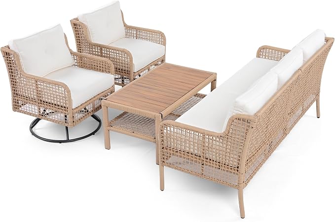 4 Piece Outdoor Furniture Set with Swivel Chair, High Back Wicker Rattan Sofa with Coffee Table for 5 People, Sectional Conversation Set for Patio Poolside Backyard Deck, Beige