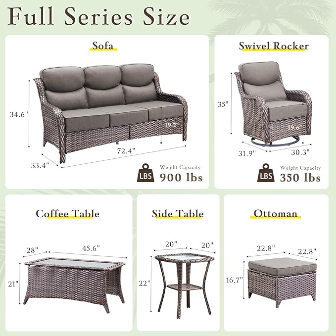 Luxury High Back Outdoor Furniture with 6-inch Extra Thick Cushions, Patio Furniture Set with Swivel Chairs, 5 PCS Wicker Conversation Set for Yard, Deck, Poolside, Brown/Grey