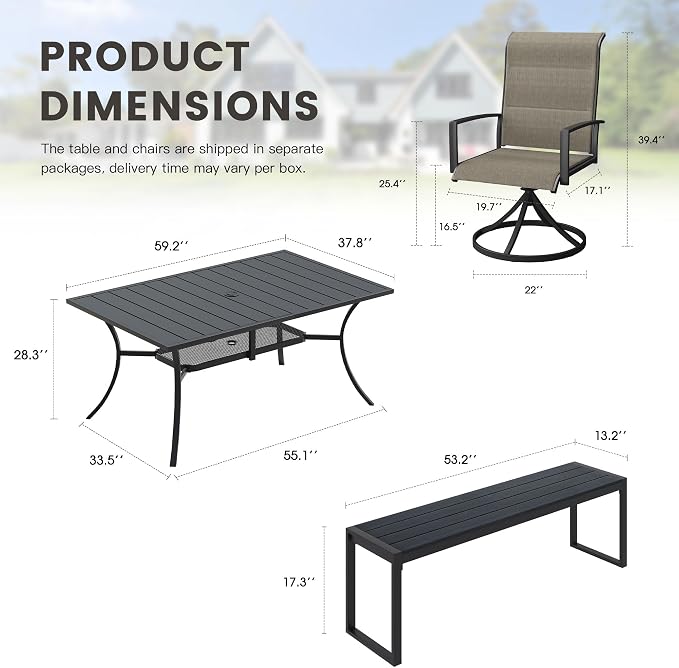 6 Pieces Outdoor Dining Set, Patio Table and Chairs Set with 53" Garden Bench for 6-7 People, 59.2" Outdoor Dining Table and Padded Swivel Patio Chairs for Deck Backyard, Mixed Brown and Black