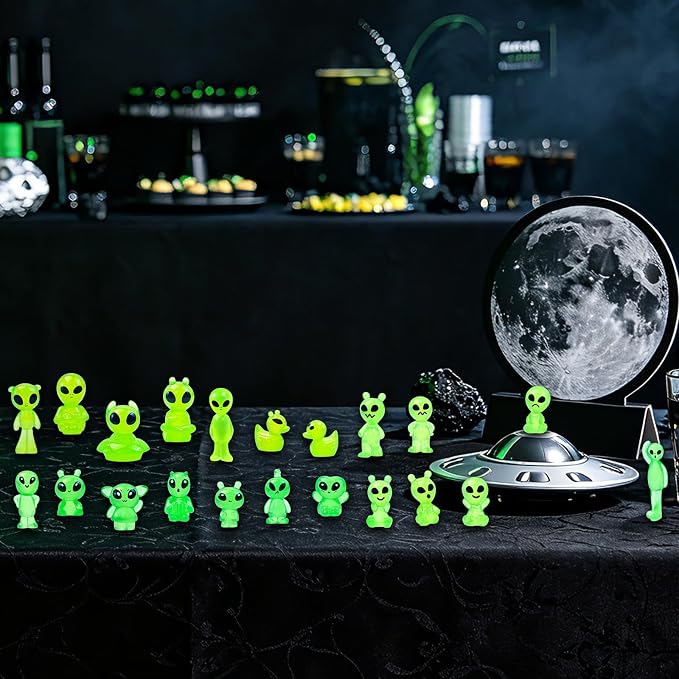 44 Pcs Luminous Mini Resin Alien Figures Glow in the Dark Alien Statues Miniature Figurines for Outer Space Party Micro Landscape Decor