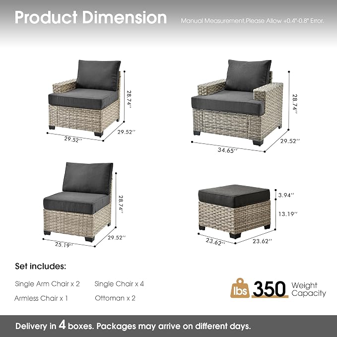 Outdoor Sectional Patio Furniture Set,9 Pieces All Weather Rattan Wicker Conversation Sets,Out Door Furniture with Ottoman Single Chair,Black