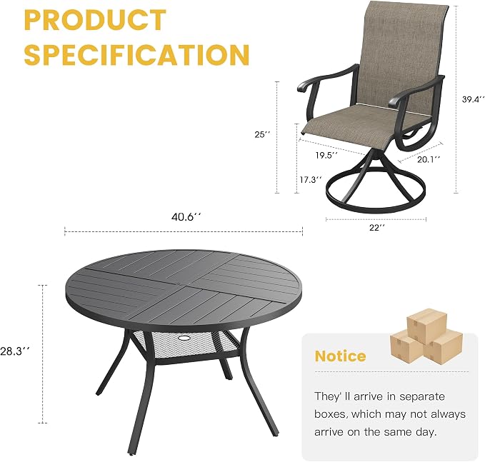 VICLLAX Patio Dining Set for 4, 5 Pieces All Weather Outdoor Dining Set - 40.6" Round Outdoor Table and 4 Patio Swivel Chairs for Lawn Garden, Black Tabletop and Mixed Brown Fabric
