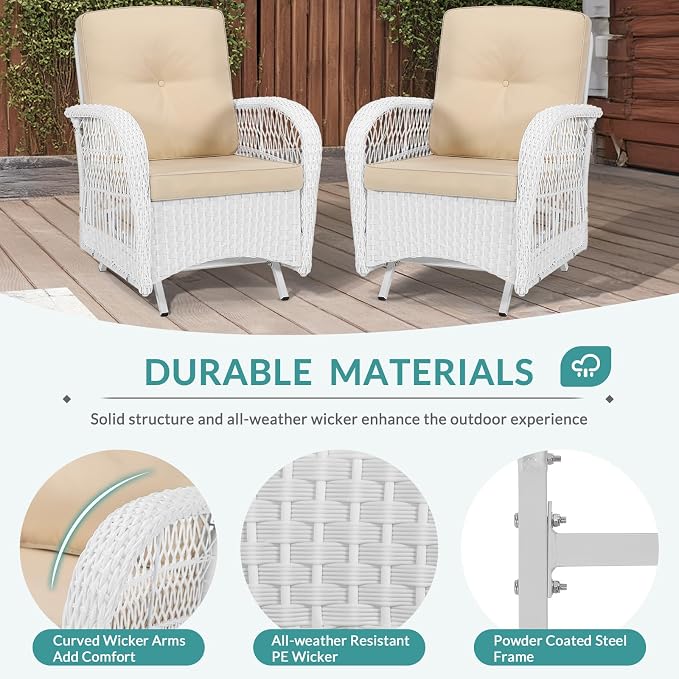 MEETWARM Patio Wicker Rocking Glider Set, All-Weather Outdoor Rattan Patio Rocking Chairs of 2, Patio Conversation Set with Thickened Cushions for Porch Garden & Backyard, White Wicker/Beige