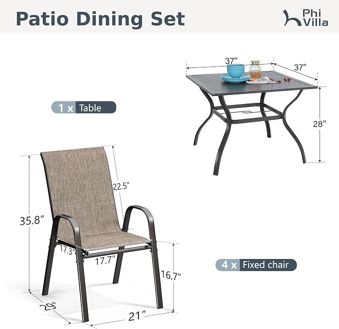 PHI VILLA 5 Piece Outdoor Dining Set, Stackable Patio Chairs & Metal Table | Textilene mesh chairs & 37'' Square Table. E-coated metal frame for patio, deck, lawn, garden. Rust-resistant, easy-clean