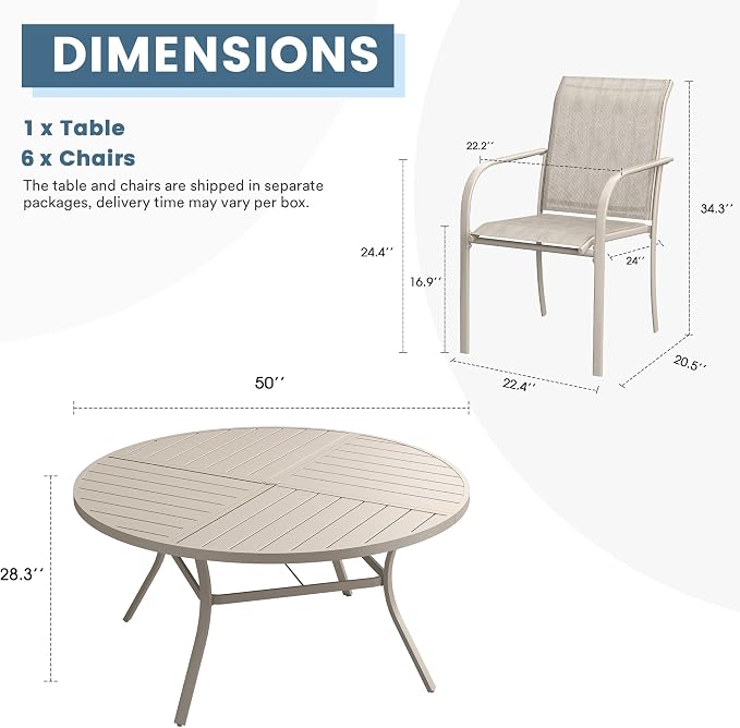 DIFY 7 Pieces Outdoor Patio Dining Set for 6, 50" Round Metal Dining Table and 6 Stackable Textilene Patio Chairs, Outdoor Table and Chairs for Backyard Garden Poolside, Sandshell