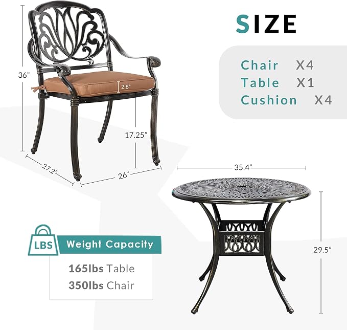 MEETWARM 5 Piece Patio Dining Set, Outdoor All-Weather Cast Aluminum Dining Table Set, Patio Furniture Set for Backyard Garden Deck, Include 4 Chairs, 4 Cushions and 1 Round Table with Umbrella Hole