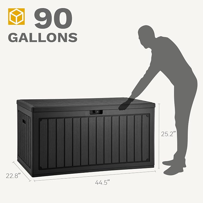DWVO 90 Gallon Double-Wall Deck Box, Large Resin Outdoor Storage Box, Lockable & Waterproof, Double as Seating, 450lbs Capacity (Black)