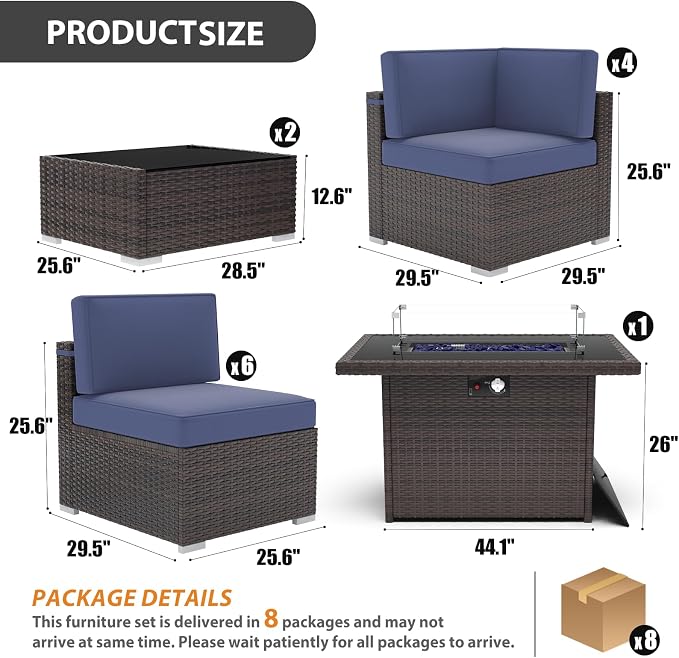 13 Pieces Patio Furniture Set with 44" Propane Gas Fire Pit Table, Outdoor Sectional Wicker Conversation Sofa Sets with Coffee Table