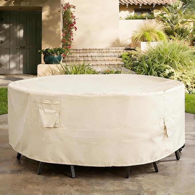 Round Patio Furniture Cover, Heavy Duty and Waterproof for Outdoor Furniture covers, Round outdoor table cover, Patio table cover 62"DIA x 27.5"H Beige