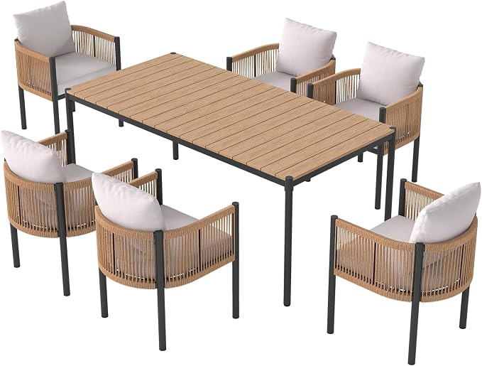 SUNSITT 7 Piece Outdoor Patio Dining Set, Patio Dining Furniture Set with 70” Metal Dining Table w/WPC Tabletop and 6 Patio Woven Rattan Chairs w/Curved Armrest for Garden, Beige