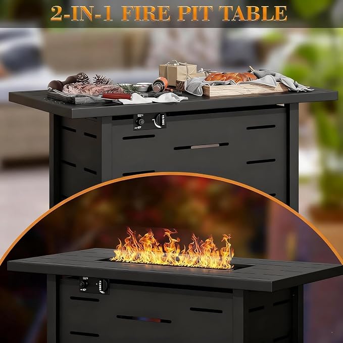 JAMFLY 4-Piece Patio Furniture Set with 43" Propane Fire Pit Table, Beige | All-Weather PE Wicker Sectional Sofa, Outdoor Conversation Set for Garden, Backyard & Deck