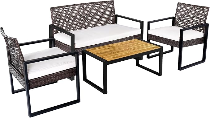 Tangkula 4-Piece Patio Conversation Set, Outdoor Furniture Set w/2 Single Chairs, Cushioned Loveseat & Acacia Wood Coffee Table, PE Wicker Seating Set w/Metal Frame & Adjustable Feet for Yard (Brown)