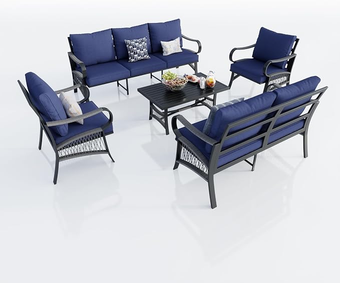 5 Pieces Patio Conversation Sets, All Weather Metal Outdoor Furniture Set with Sectional Sofa Loveseat Couch for Backyard Garden Deck Porch Poolside (Blue Cushions)