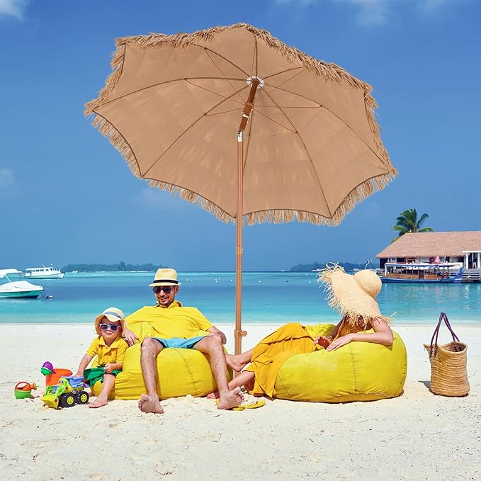 RELAX4LIFE 6.5FT Tiki Patio Umbrella with Base - Hawaiian Style Tilt Beach Umbrella w/8 Ribs, Foldable Stand, Carry Bag, Tropical Palapa Grass Pool Umbrellas, Hula Thatched Tiki Umbrella Outdoor Patio