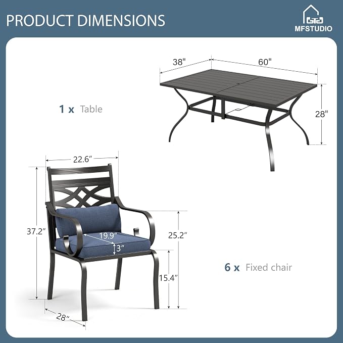 MFSTUDIO 7 PCS, Patio Dining Set, 60"×38", Umbrella Hole, Blue | Steel, Metal, E-coated frame
