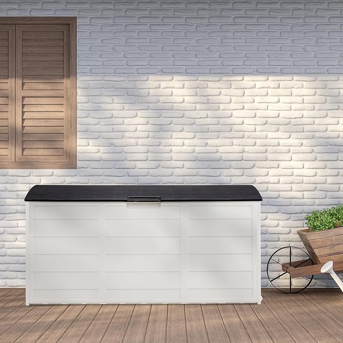 75 Gallon Large Outdoor Storage Box, Indoor and Outside Deck Box with Lockable Design Lids, Waterproof Resin Storage Containers Bin for Garden Garage Patio Poolside Toy Storage Black & White