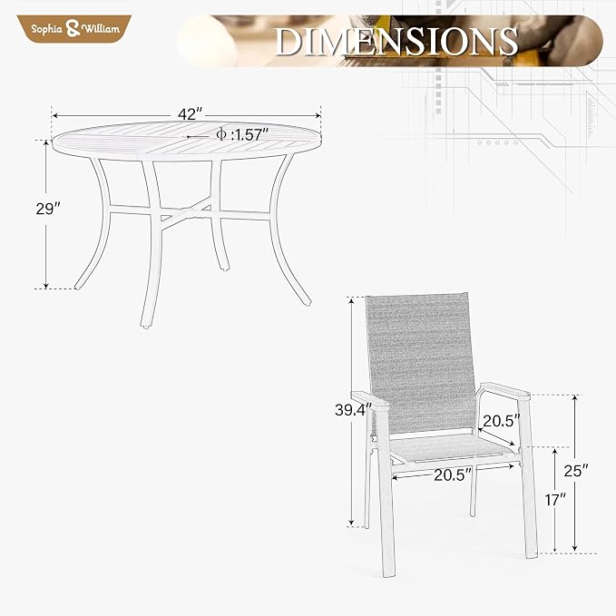 Sophia & William Round Patio Dining Set for 4 with Aluminum Chairs, Blue | Metal table, Stackable sling chairs, Breathable & quick-drying, Light-weight & space-saving, Umbrella Hole, Outdoor, 5 piece