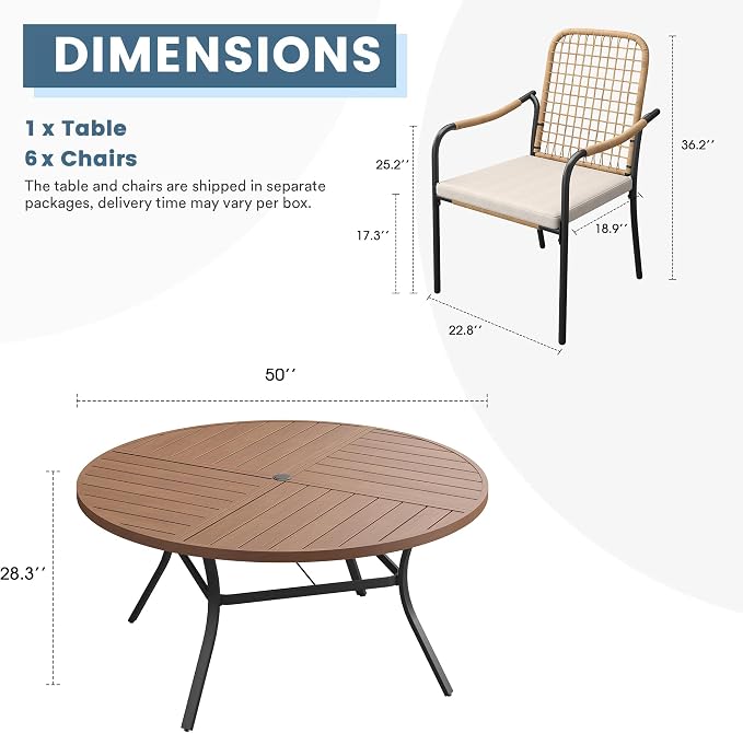 DIFY 7 Pieces Outdoor Dining Set, Metal Patio Table and Chairs Set for 6, 50" Round Dining Table with Umbrella Hole & Wicker Stackable Patio Chairs with Cushions, Walnut Tabletop