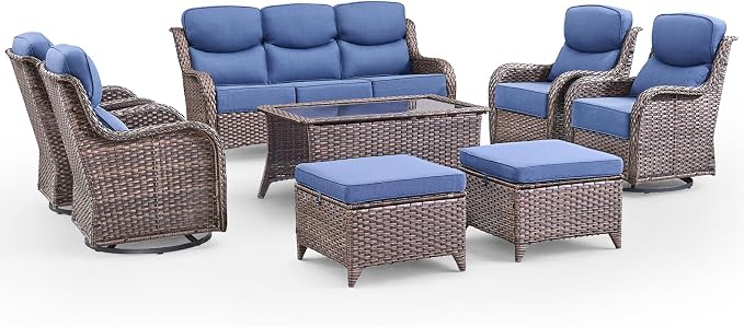 Swivel Patio Chairs sofa Set of 8 with 6" Thick Cushion - Wicker Outdoor Swivel Rocker Patio Chair ,Sofa/Glass coffee table, High Back Comfortable Outdoor Glider Chairs - Brown Wicker - Blue Cushions