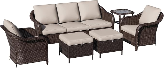 6 Piece Patio Wicker Conversation Set, All-Weather Use Outdoor Wicker Sofa with 2 PE Rattan Ottomans,2 Chair, 1 Side Table, Ideal for Porch, Backyard, Balcony, Poolside, Beige