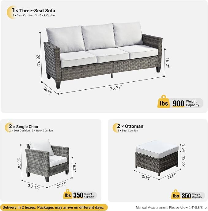 ovios 5 Pieces Patio Furniture Set, Outdoor Wicker Rattan Sofa Couch with Ottomans Comfy Cushions, Modern Conversation Set for Deck Backyard Porch, Grey