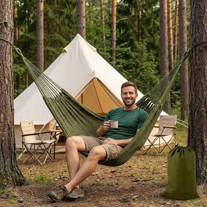 WjrnlfdHammock 79 * 59in550lbs 2Person Cotton Rope Outdoor Camping Hammock | 550lbs double hammock, handwoven cotton rope, breathable mesh, easy setup, perfect for backyard, camping & beach. 3 colors!