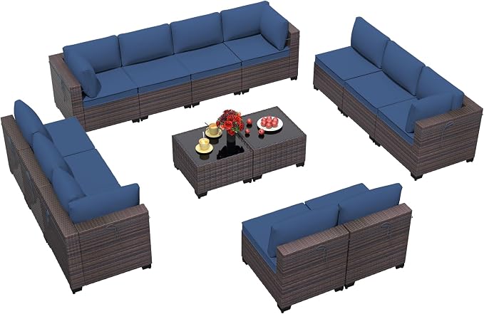 14 Pieces Outdoor Patio Furniture Set,Outdoor Sectional Furniture All Weather PE Rattan Wicker Patio Conversation Set with 2 Coffee Tables and 12 Thickened Cushions,Navy Blue
