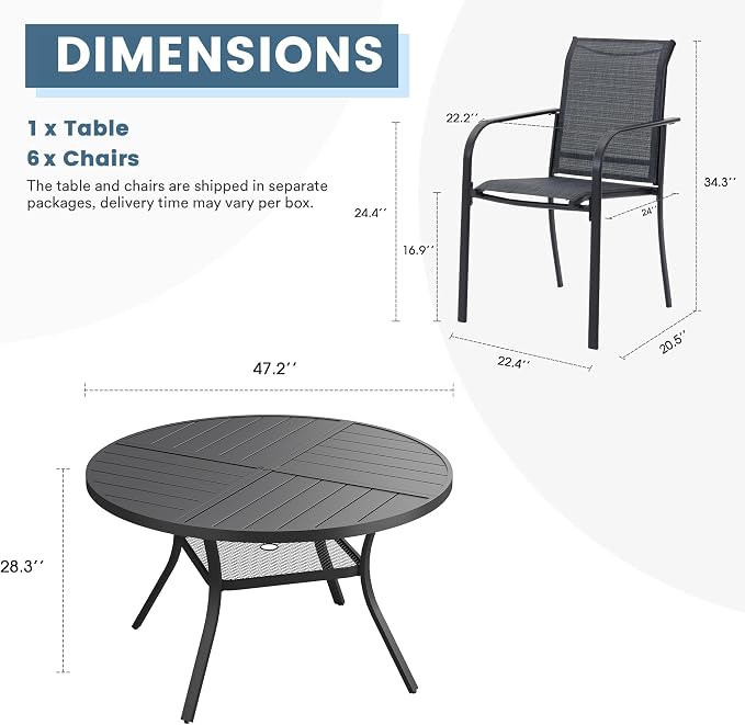 DIFY Patio Dining Set for 6, 7 Piece Outdoor Table and Chairs Set, 47.2" Black Round Metal Patio Dining Table and 6 Grey Textilene Stackable Patio Chairs, for Backyard Garden Poolside