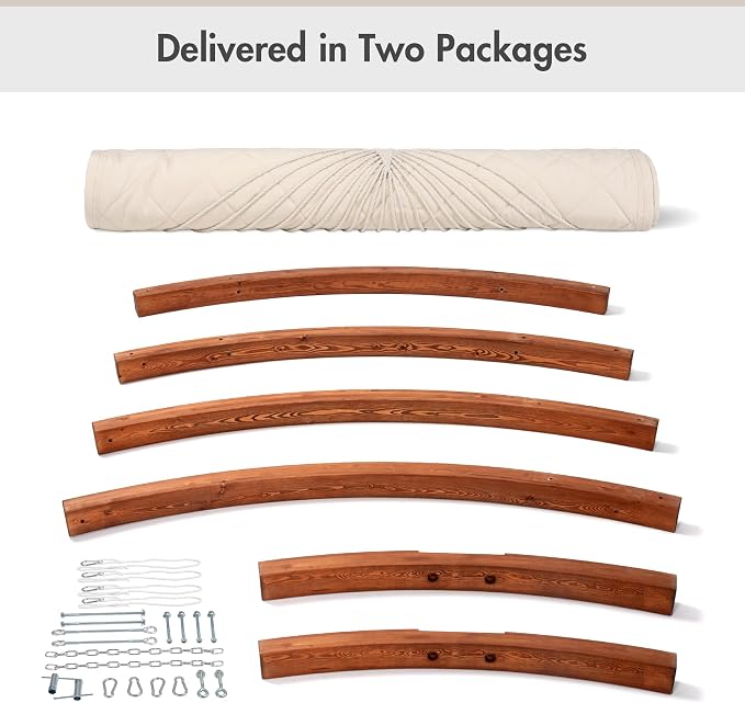ANOW Heavy Duty Curved Wood Arc Stand with 2 Person Hammock, 13.5FT Larch Wood Stand with 2 Chains, 4 Balance Ropes and 4 Carabiners, Includes Cream Hammock with Spreader Bars