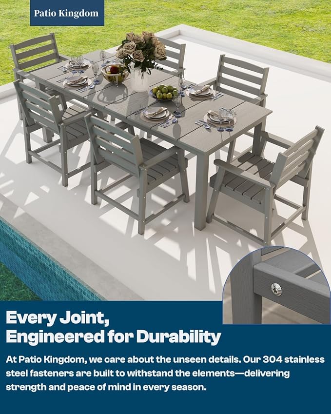 5-Piece Grey Outdoor Dining Set with White 11FT Large Patio Umbrella, 75.2'' HDPE Table & Chairs for 8, Weather-Resistant Furniture with Umbrella Hole for Patio, Lawn, Poolside