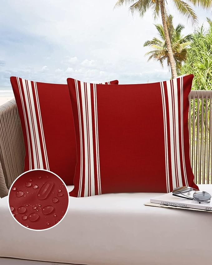Vandarllin Outdoor Throw Pillows Covers 24X24 Set of 2 Waterproof Burgundy Red Stripe Decorative Zippered Lumbar Cushion Covers for Patio Furniture, French Stripe Farmhouse Style