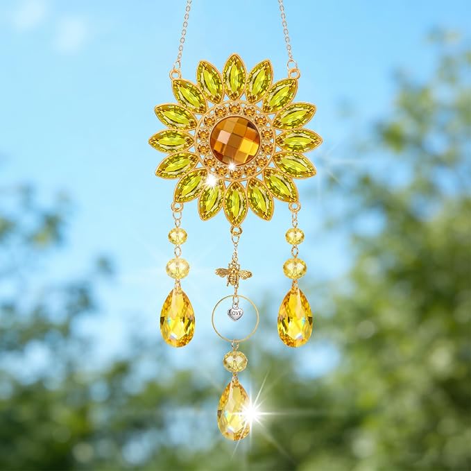 Sunflower Gifts for Women, Summer Home Garden Sunflower Decor, Yellow Flower Hanging Crystal Suncatchers for Windows,Christmas Housewarming Birthday Sunshine Gifts for Mom Grandma Teacher