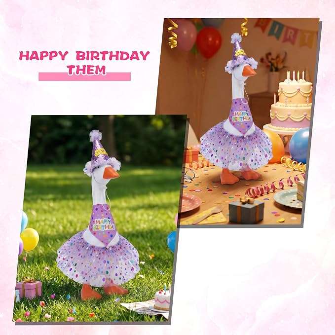 Porch Goose Outfits, Birthday Goose Outfits with Glitter Tutu Skirt, Birthday Hat and Bandana Valentine Porch Gooses Outfit for 23" 17" Outdoor Statue Patio Yard Lawn Art(Purple)