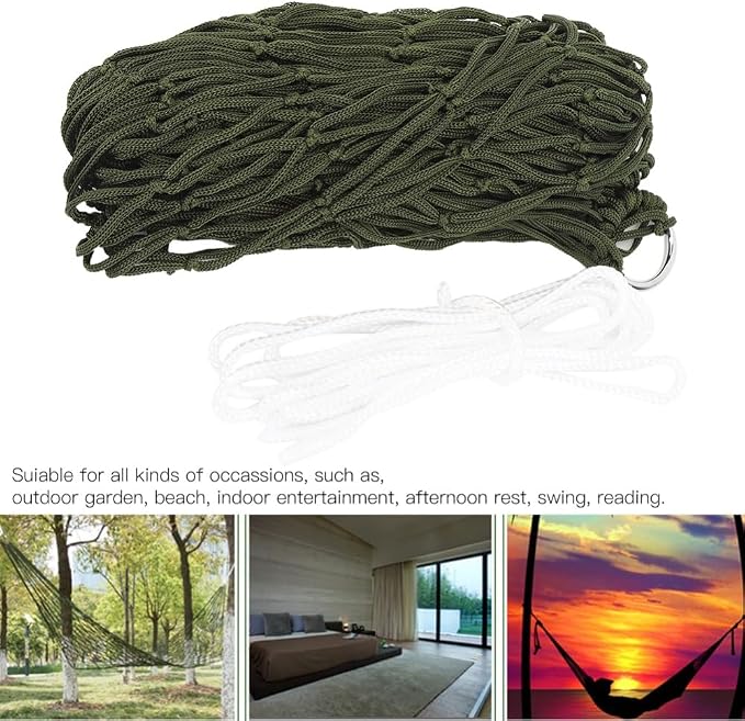 Outdoor Camping Hammock Single Person Breathable Nylon Mesh Net with Rope Lightweight Compact for Hiking Beach Garden Travel(Green)