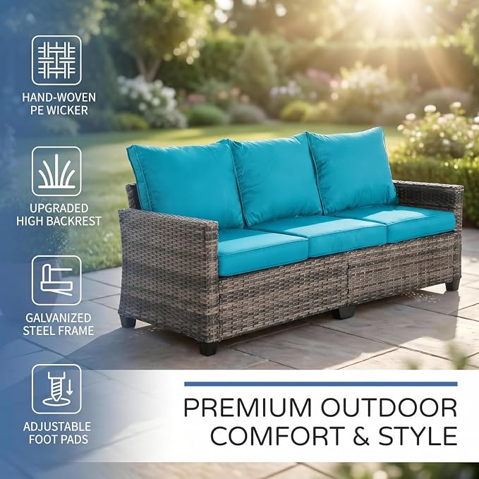 LAUSAINT HOME 3 Pieces Outdoor Patio Furniture, Outdoor Sectional Sofa Patio Furniture Sets Wicker Rattan Patio Conversation Sets with Cushion and Glass Table (Peacock Blue)