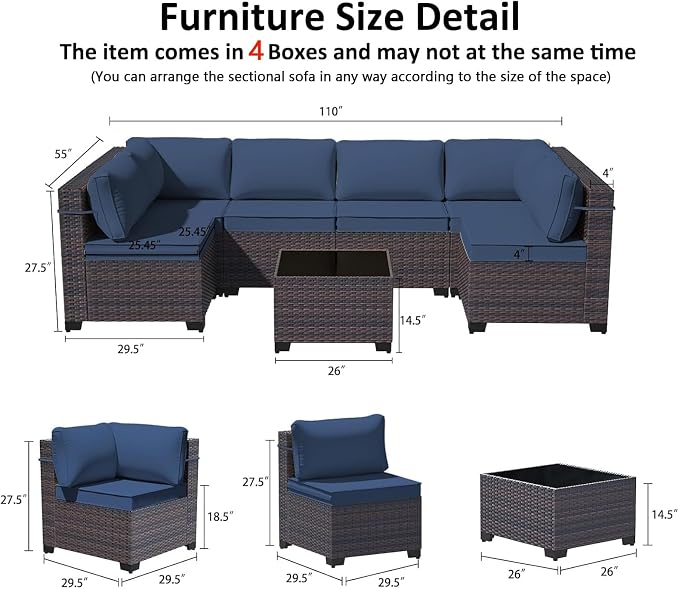 9 Pieces Outdoor Sectional Furniture All Weather PE Rattan Wicker Patio Conversation Set with Coffee Table and 8 Thickened Cushions,Navy Blue