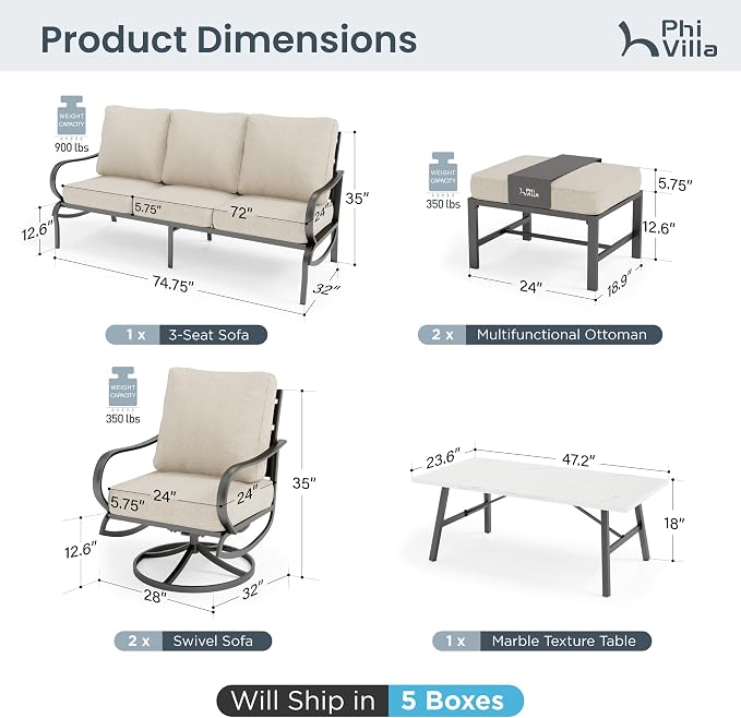 PHI VILLA 6 PCS Outdoor Patio Furniture Sets with 1x 3 Seater 72" Padded Deep Seating Bench, 2 x Cushioned Swivel Armrest Sofa Chairs, 2 x Ottoman and & 1 x Coffee Table for 5-7 Person